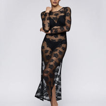 Load image into Gallery viewer, Black lace dress on a white background
