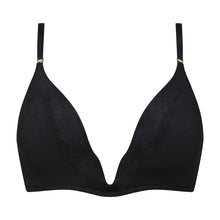Load image into Gallery viewer, A black wireless triangle bralette with thin adjustable shoulder straps and small gold metal accents at the strap bases, shown against a plain white background.
