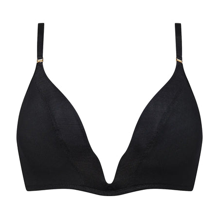 A black wireless triangle bralette with thin adjustable shoulder straps and small gold metal accents at the strap bases, shown against a plain white background.