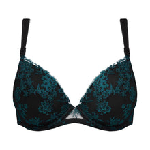 Load image into Gallery viewer, Black lace bra with teal floral patterns on a white background
