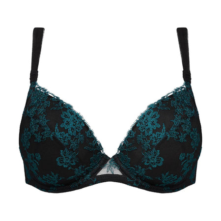 Black lace bra with teal floral patterns on a white background