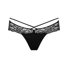 Load image into Gallery viewer, Black lace thong on a white background

