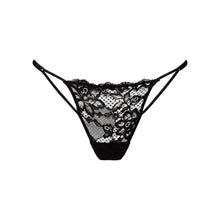 Load image into Gallery viewer, Black lace thong panties with a sheer floral lace pattern, scalloped waistband, and thin side straps, shown against a plain white background.
