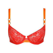 Load image into Gallery viewer, Red lace bra with orange straps on a white background
