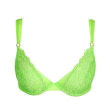 Load image into Gallery viewer, Lime Green. An all-lace deep V plunge bra. Mesh straps over elastic offer a fashionable look. 
A light modern take on the classic plunge bra.
