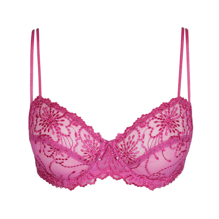 Pink lace bra on a white background