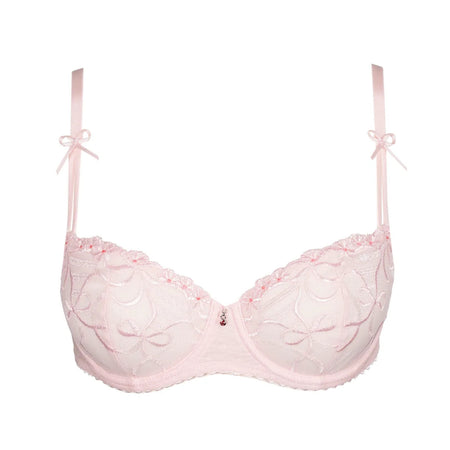 Pink bra with lace details on a white background