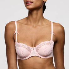 Load image into Gallery viewer, Pink bra with lace details worn by a model on a plain background
