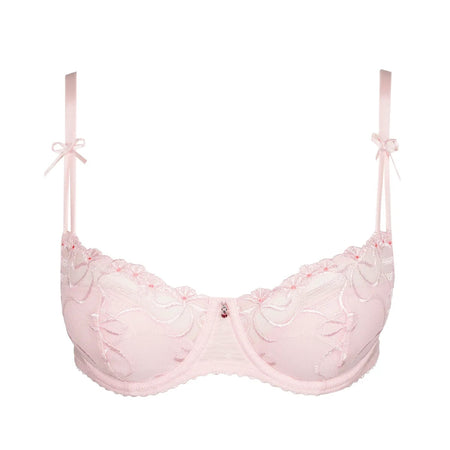 Pink bra with floral details on a white background