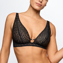 Load image into Gallery viewer, Black lace bra with leopard print trim worn by a model on a white background
