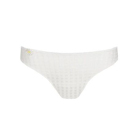 White bikini bottom with a small floral design on a white background