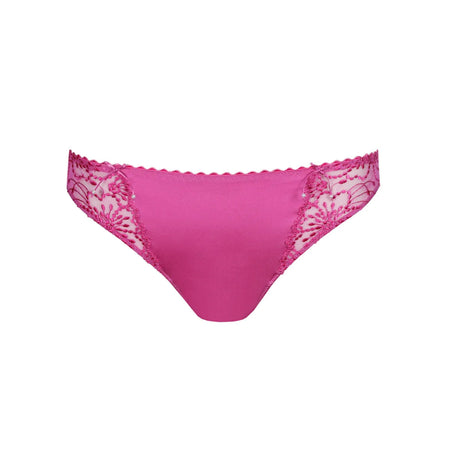 Pink bikini bottom with lace details on a white background