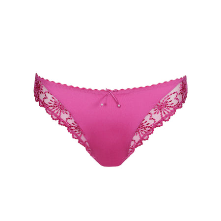Pink bikini bottom with lace details on a white background