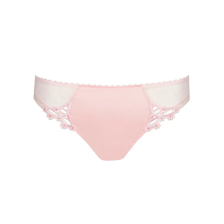 Pink bikini bottom with white trim on a white background