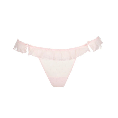 Pink bikini bottom with ruffled edges on a white background