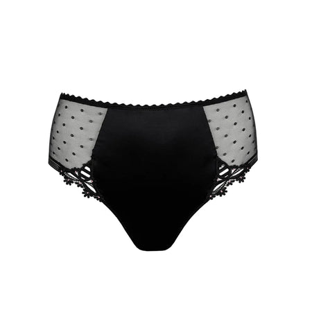 Black women's underwear with white polka dot sides on a white background
