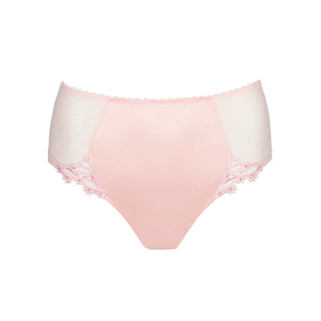 Pink and white bikini bottom with frayed edges on a white background