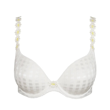 White bra with floral embellishments on a white background