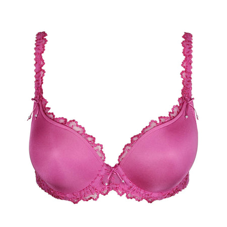 Pink bra with lace details on a white background