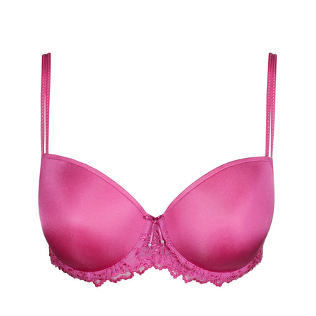 Pink bra with lace trim on a white background