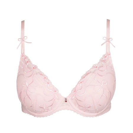 Pink bra with lace details on a white background