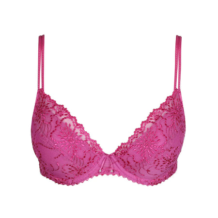 Pink lace bra on a white background