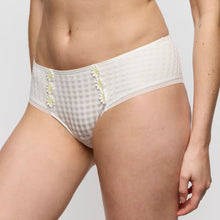 Load image into Gallery viewer, White checkered underwear with floral embroidery on a plain background
