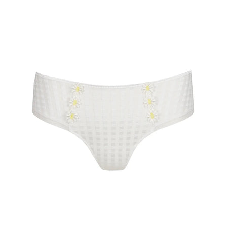 White underwear with yellow floral embroidery on a white background
