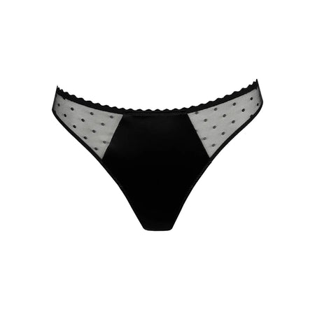 Black underwear with sheer polka dot trim on a white background