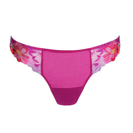 Purple women's underwear with floral lace trim on a white background