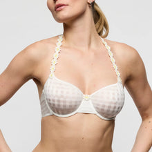 Load image into Gallery viewer, Woman wearing a white checkered bra with floral straps on a plain background

