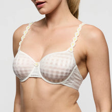 Load image into Gallery viewer, White bra with floral straps worn by a model on a plain background
