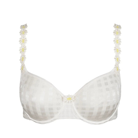 White bra with floral embroidery on a white background