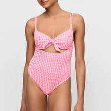 Load image into Gallery viewer, Pink checkered swimsuit with a knot detail on a white background
