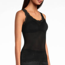 Load image into Gallery viewer, A woman wearing a black ribbed camisole tank top with calais lace trim along the scoop neckline, shown against a plain white studio background.
