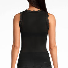 Load image into Gallery viewer, A woman shown from the back wearing a black silk sleeveless ribbed top with calais lace trim at the neckline, against a plain white background.
