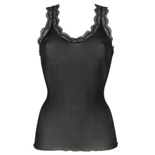 Load image into Gallery viewer, A black ribbed pure silk tank top with black calais lace trim along the scoop neckline and shoulder straps, shown against a plain white background.
