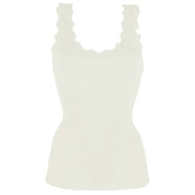 Load image into Gallery viewer, An ivory pure silk ribbed knit camisole top with calais lace trim along the scoop neckline and shoulder straps, shown against a plain white background.

