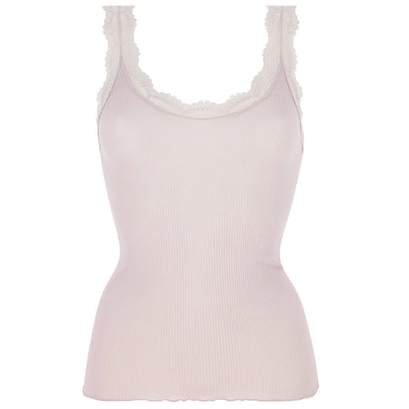 A rosewood pink ribbed pure silk tank top with white lace trim along the scoop neckline and straps, shown against a plain white background.