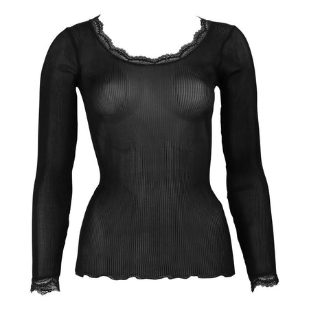 A black long-sleeve silk knit-ribbed sheer mesh top with black calais lace trim at the scoop neckline and cuffs, displayed on a ghost mannequin against a plain white background.