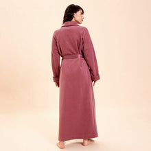 Load image into Gallery viewer, Rosamour Soft full length fleece dressing gown. Matching toned satin finish on cuffs and belt. Two patch pockets. The belt at the waist puts the final touch to this light elegant and cosy robe.  Composition 70% Polyester, 30% Viscose.  
