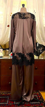 Load image into Gallery viewer, SALE Marjolaine pure silk pyjamas. Made from 100% pure heavy-weight silk. The top has a gentle rounded neckline with rich appliqué lace detail on both the top and hem. The trousers have an elasticated waist with a flat front panel for extra smoothness when sleeping. They are stylishly wide for extra comfort and movement. 
