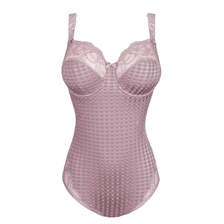 Pink checkered bodysuit with lace details on a white background