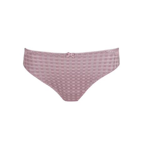 Pink checkered underwear with lace trim on a white background