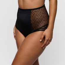 Load image into Gallery viewer, Black lace high-waisted underwear on a neutral background
