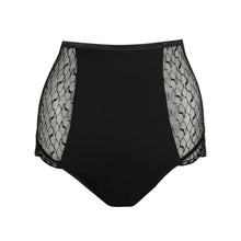 Load image into Gallery viewer, Black high-waisted underwear with fishnet sides on a white background
