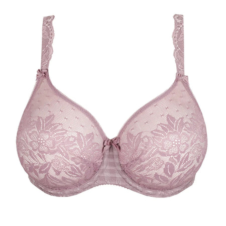 Pink lace bra on a white background