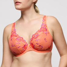 Load image into Gallery viewer, Orange bra with floral lace details on a plain background
