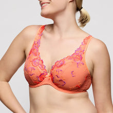 Load image into Gallery viewer, Woman wearing an orange bra with floral lace details on a plain background
