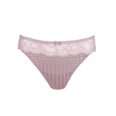 Pink lace-trimmed underwear on a white background